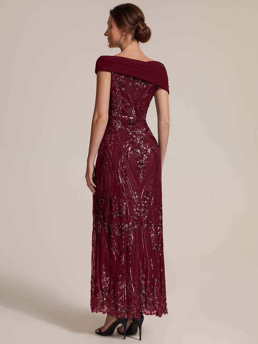 Color=Burgundy | Sequined Off-Shoulder Crepe Maxi Wholesale Evening Dress-Burgundy 2