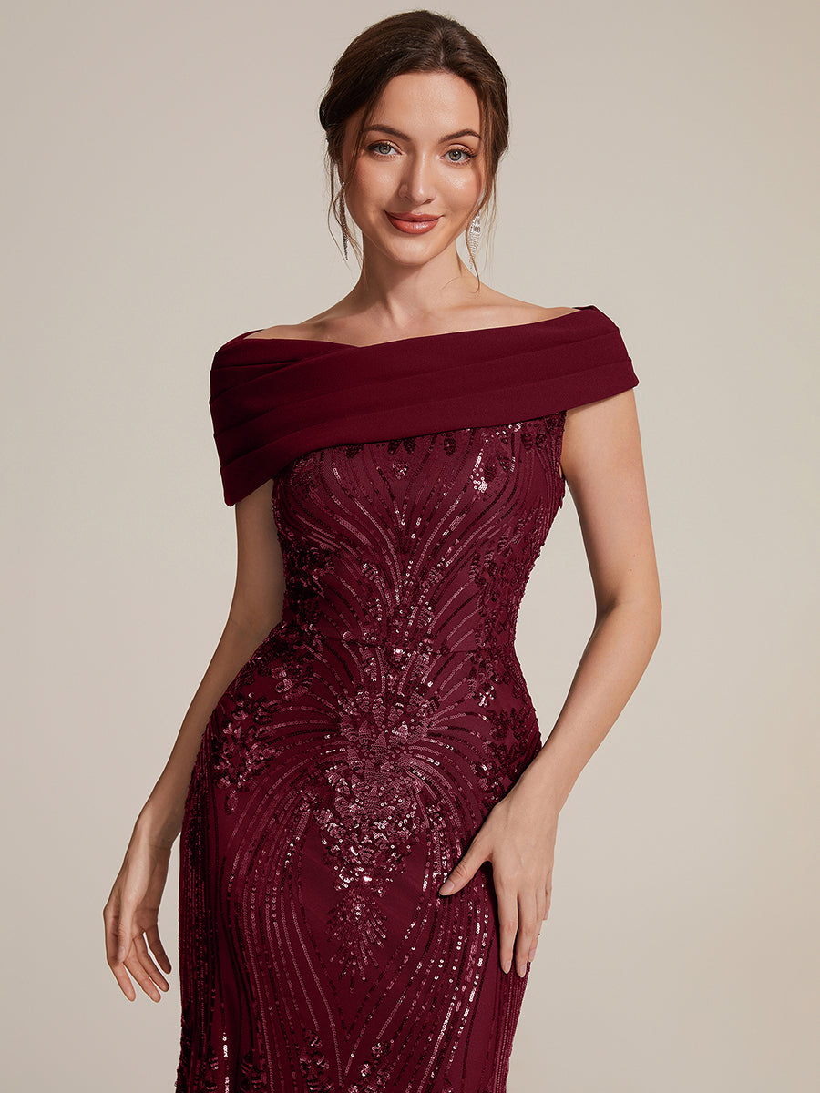 Color=Burgundy | Sequined Off-Shoulder Crepe Maxi Wholesale Evening Dress-Burgundy 5