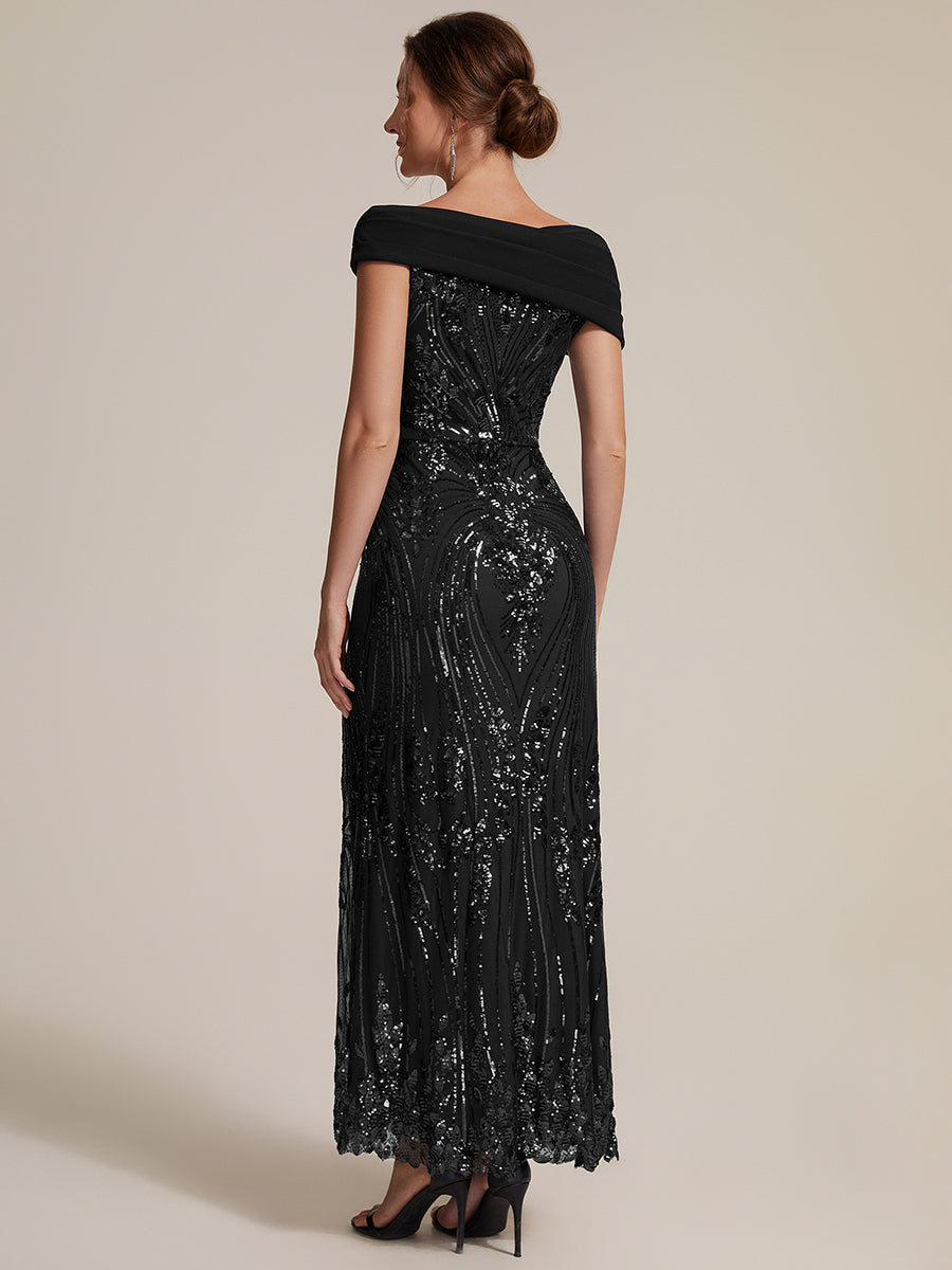 Color=Black | Sequined Off-Shoulder Crepe Maxi Wholesale Evening Dress-Black 2