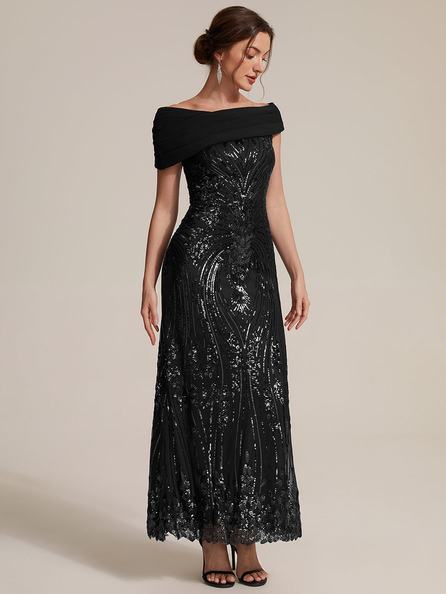 Color=Black | Sequined Off-Shoulder Crepe Maxi Wholesale Evening Dress-Black 3