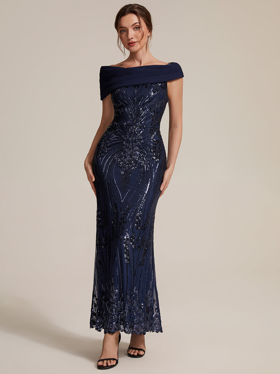 Color=Navy Blue | Sequined Off-Shoulder Crepe Maxi Wholesale Evening Dress-Navy Blue 1
