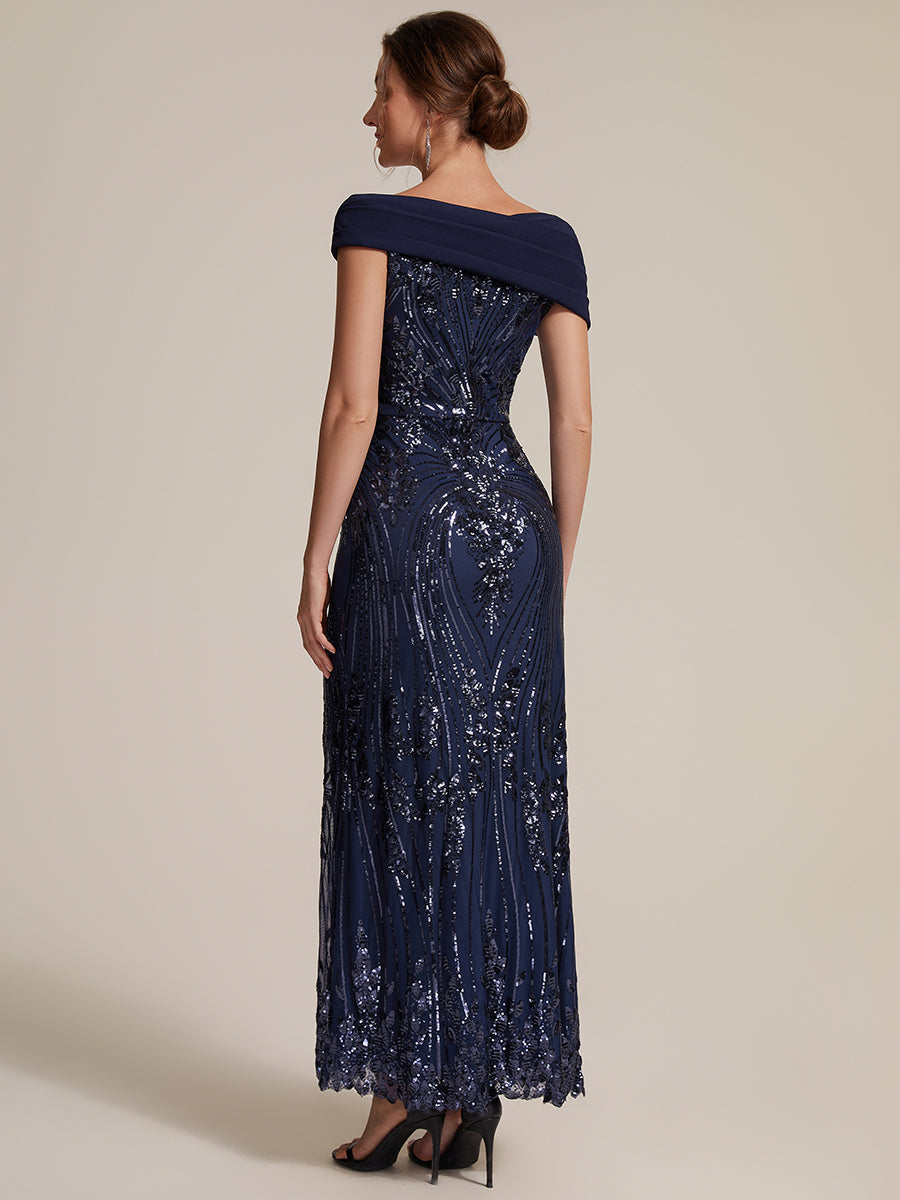 Color=Navy Blue | Sequined Off-Shoulder Crepe Maxi Wholesale Evening Dress-Navy Blue 2