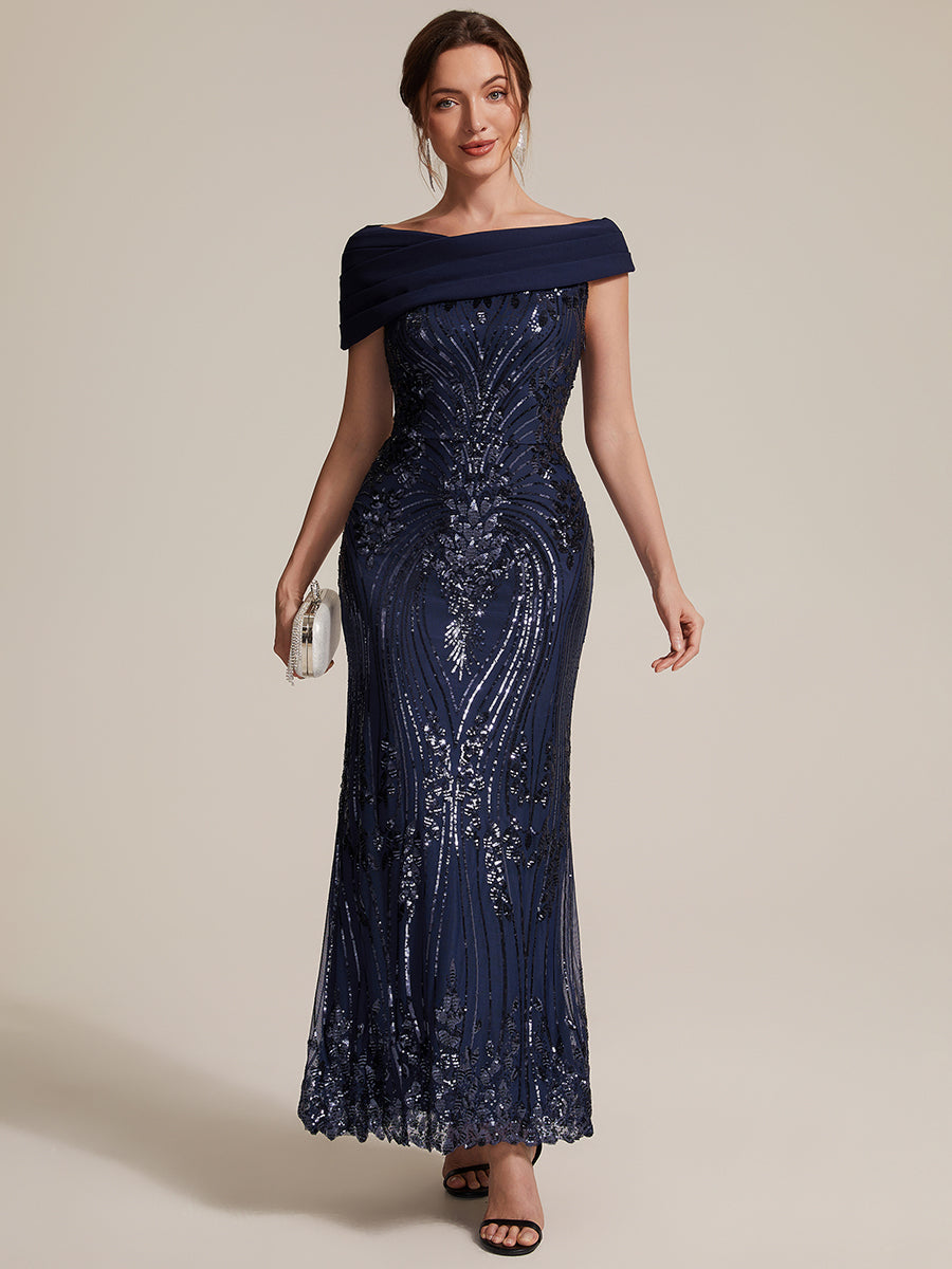 Color=Navy Blue | Sequined Off-Shoulder Crepe Maxi Wholesale Evening Dress-Navy Blue 4
