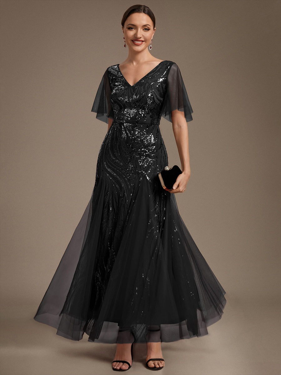 Industrial Use Plus Size Short Ruffle Sleeve Sequin A-Line V-Neck Maxi Evening Dresses - EE02787BK-R.jpg