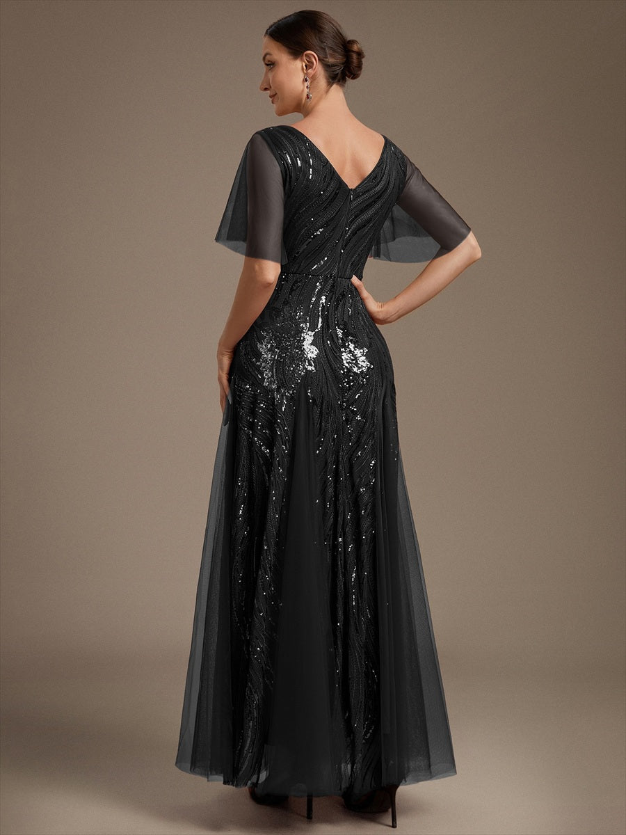 Industrial Use Plus Size Short Ruffle Sleeve Sequin A-Line V-Neck Maxi Evening Dresses - EE02787BK-R2.jpg
