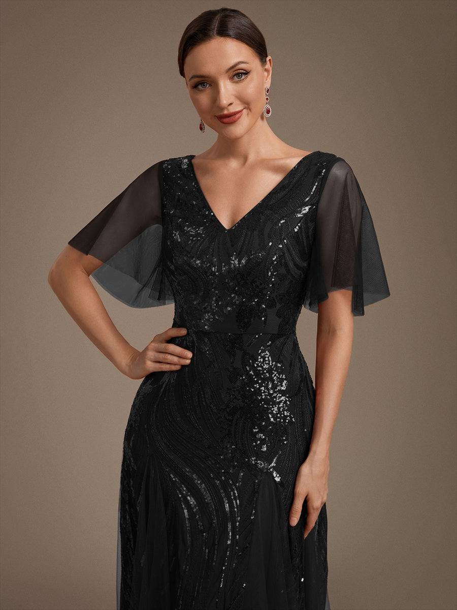 Industrial Use Plus Size Short Ruffle Sleeve Sequin A-Line V-Neck Maxi Evening Dresses - EE02787BK-R5.jpg