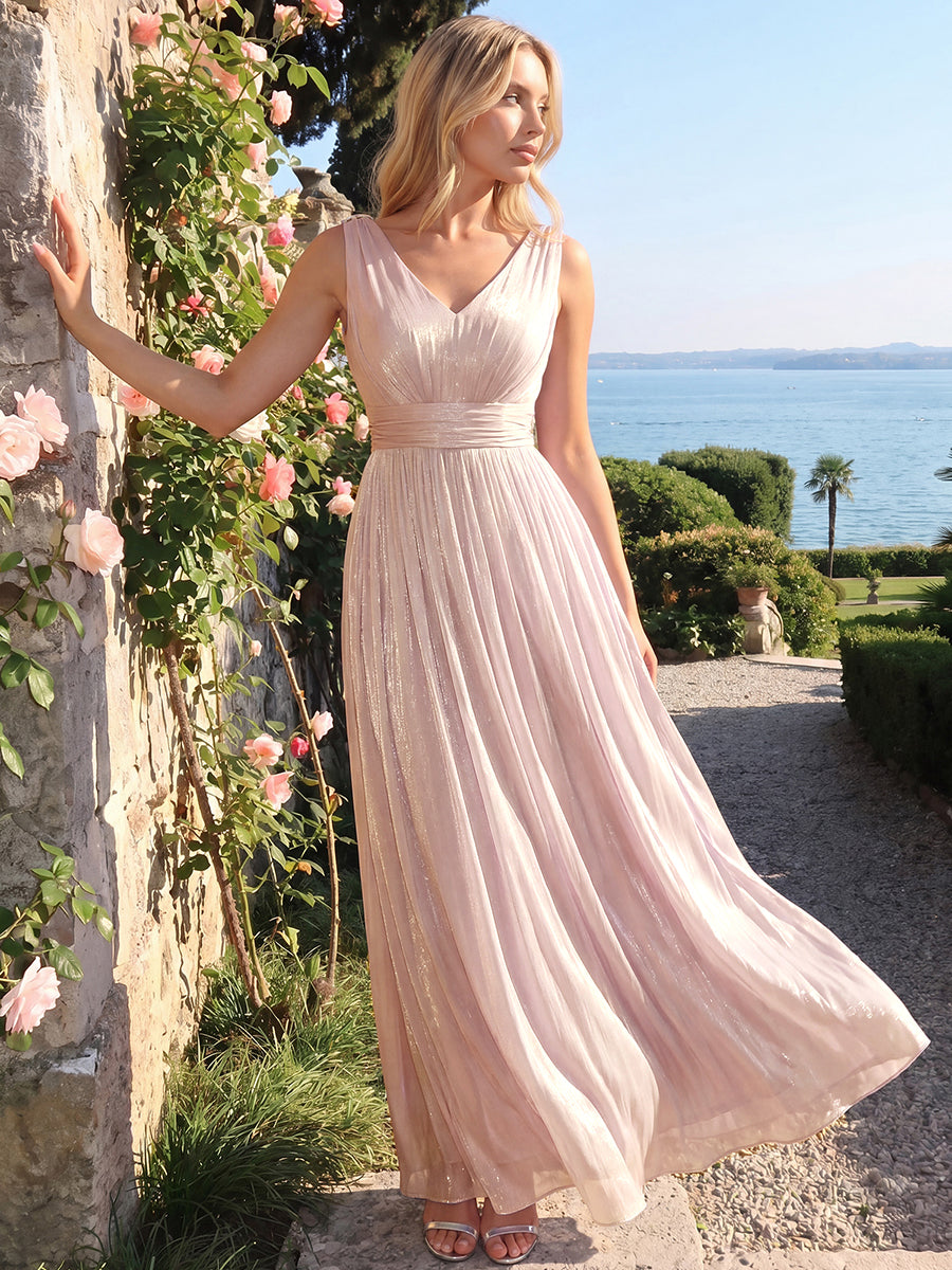 Color=Dusty Rose | Industrial Use Strapless V-Neck Gathered A-Line Floor Length Evening Dresses-Dusty Rose 6