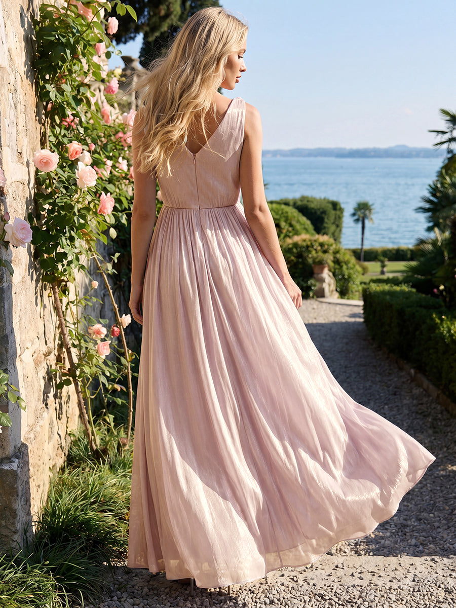 Color=Dusty Rose | Industrial Use Strapless V-Neck Gathered A-Line Floor Length Evening Dresses-Dusty Rose 7