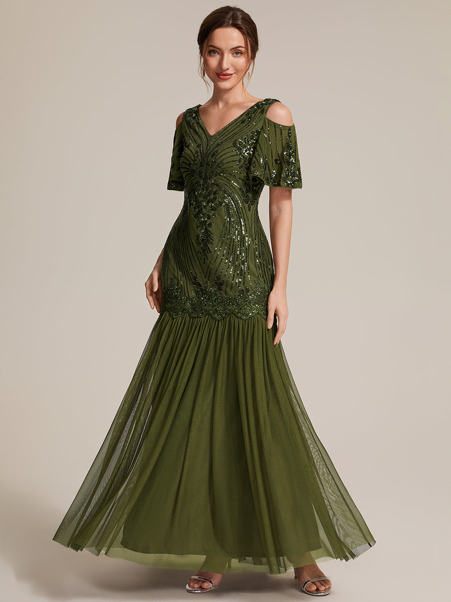 Industrial Use Plus Size Short Ruffle Sleeve Sequin V-Neck Sheath Evening Dresses - EE02822OG-R.jpg