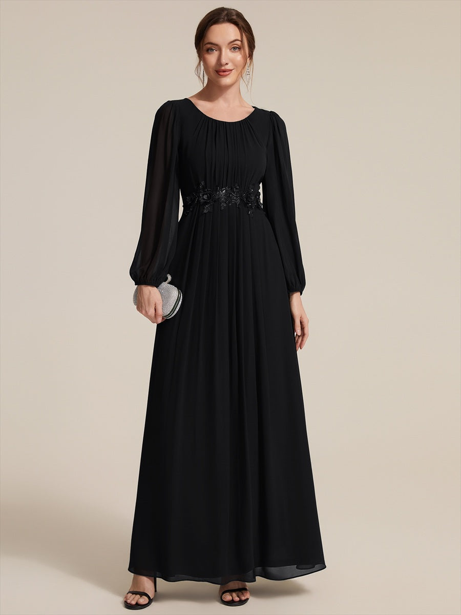 Color=Black|Chiffon Puff Sleeve A-Line Evening Dress-Black