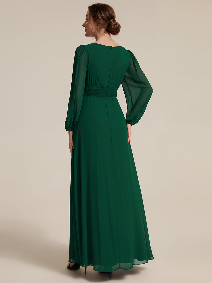 Color=Dark Green | Chiffon Puff Sleeve A-Line Evening Dress-Dark Green 2