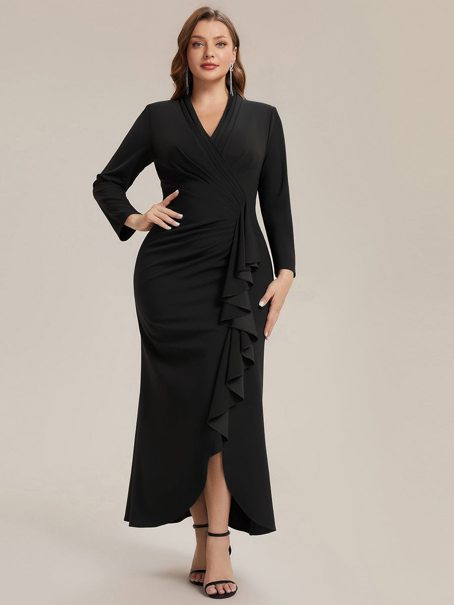 Color=Black | Commercial Wholesale Long Sleeve V-Neck High Stretch Bodycon Dress with Slit & Ruffle Evening Dresses-Black 6