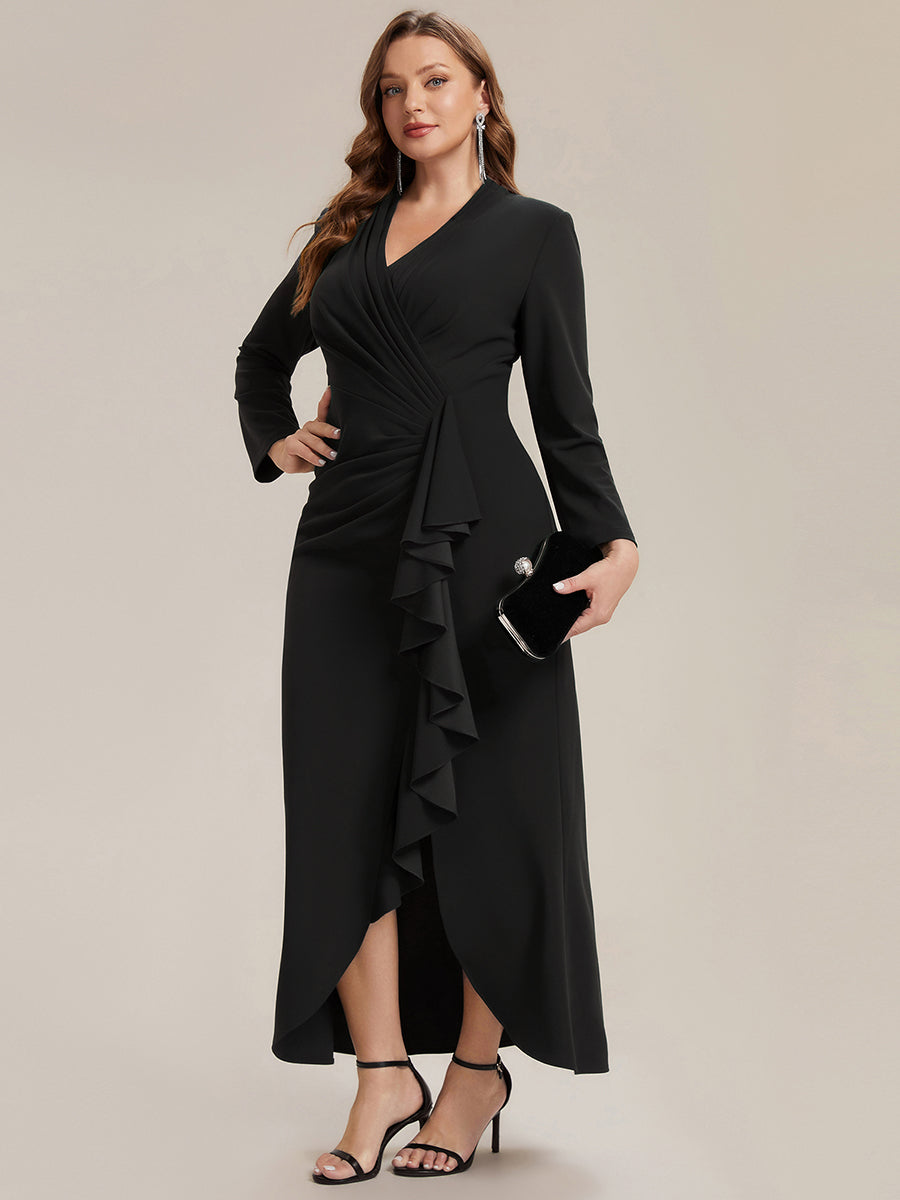 Color=Black | Commercial Wholesale Long Sleeve V-Neck High Stretch Bodycon Dress with Slit & Ruffle Evening Dresses-Black 9