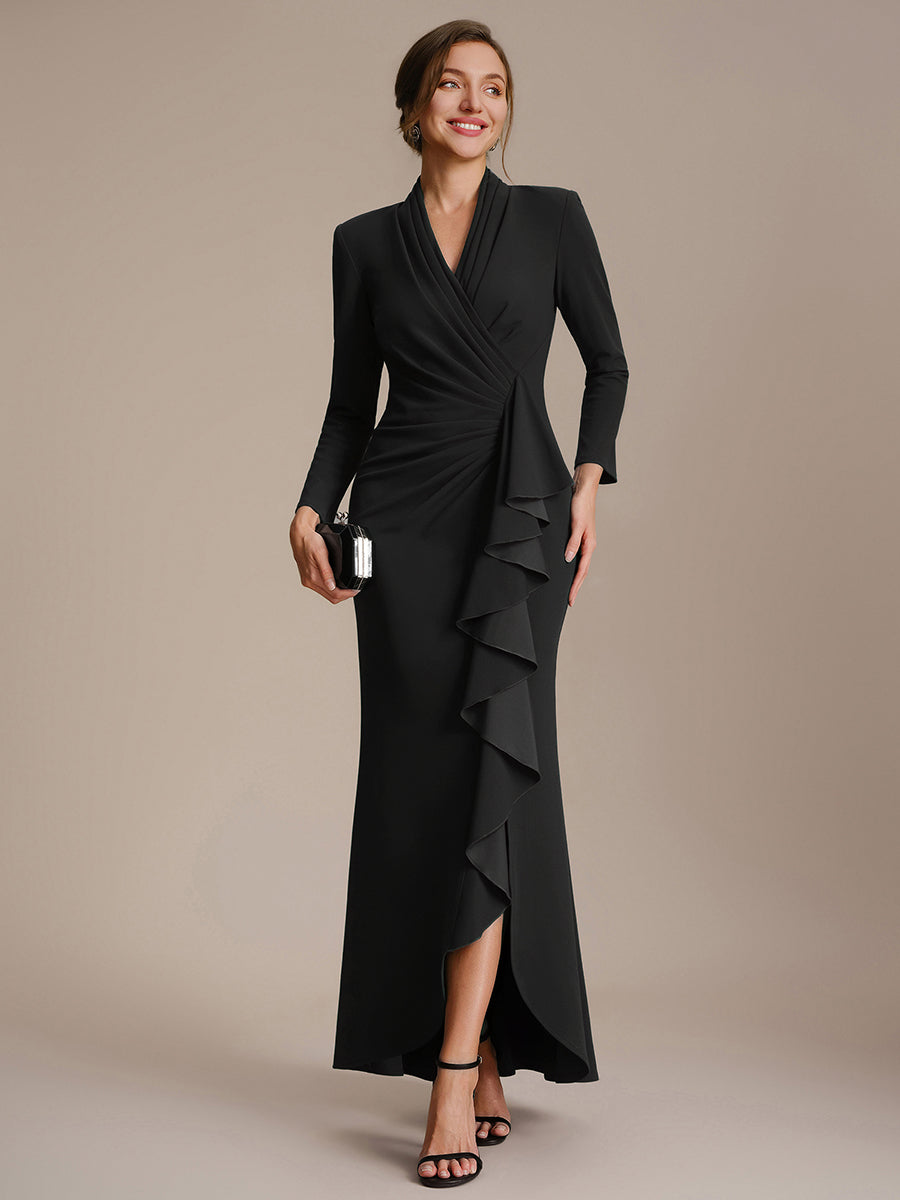 Color=Black | Commercial Wholesale Long Sleeve V-Neck High Stretch Bodycon Dress with Slit & Ruffle Evening Dresses-Black 1