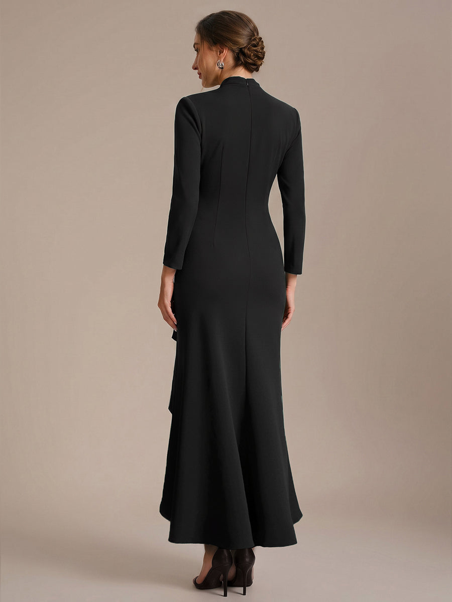 Color=Black | Commercial Wholesale Long Sleeve V-Neck High Stretch Bodycon Dress with Slit & Ruffle Evening Dresses-Black 2