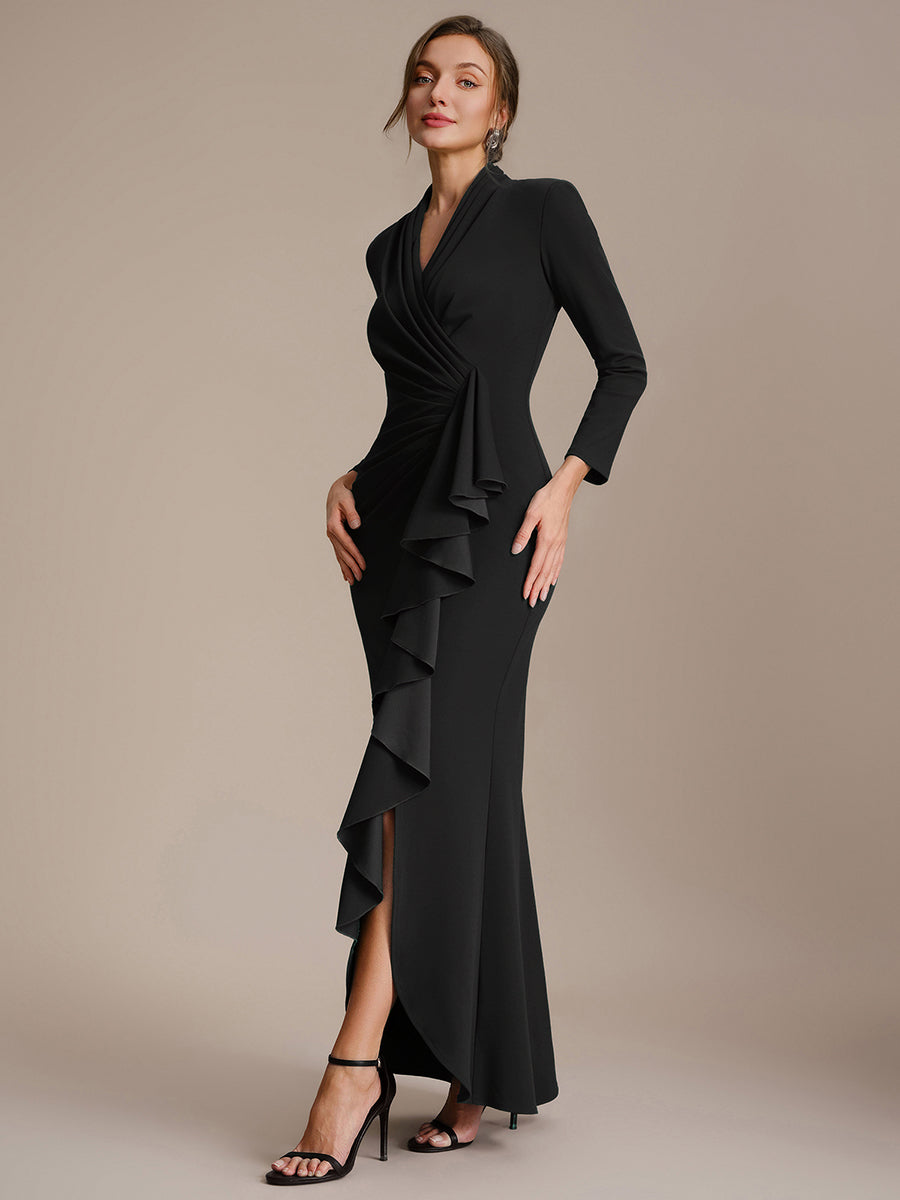 Color=Black | Commercial Wholesale Long Sleeve V-Neck High Stretch Bodycon Dress with Slit & Ruffle Evening Dresses-Black 4