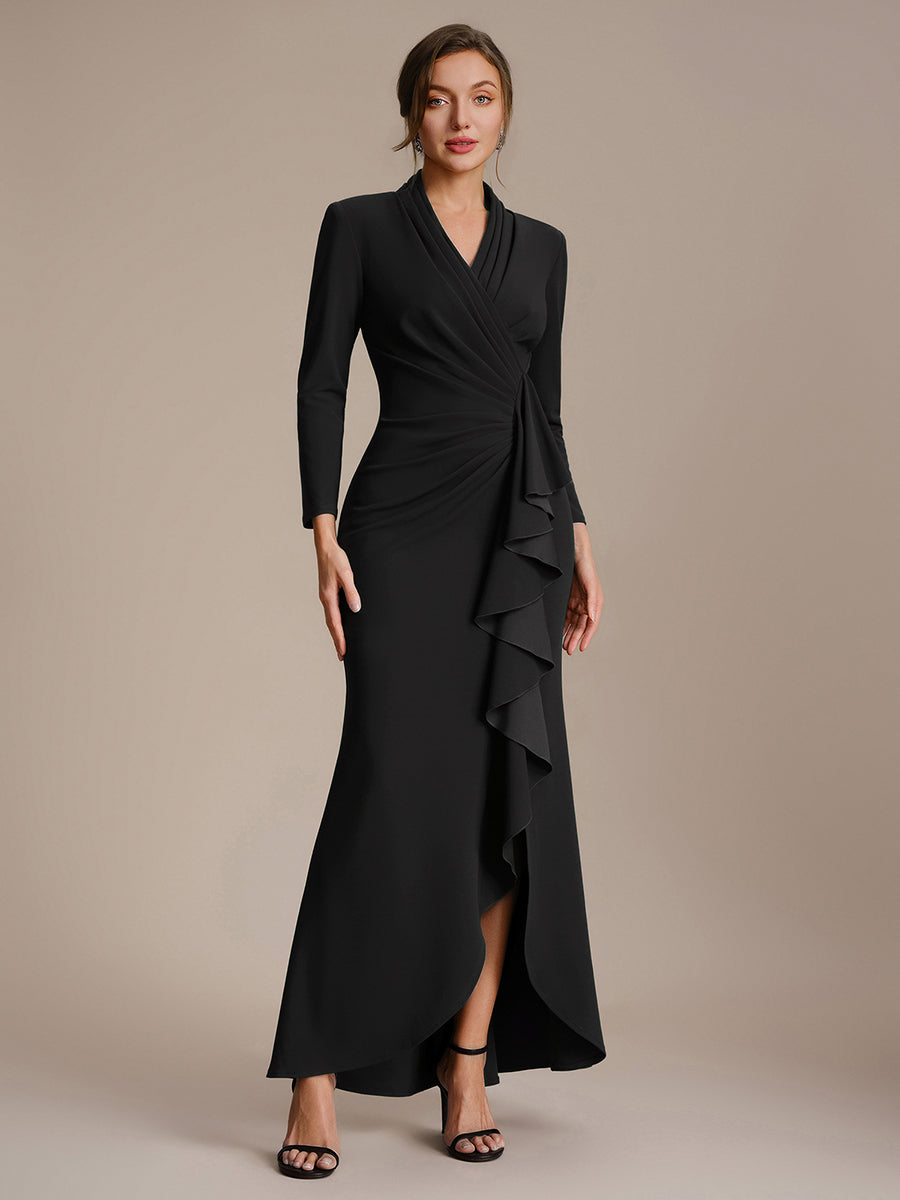 Color=Black | Commercial Wholesale Long Sleeve V-Neck High Stretch Bodycon Dress with Slit & Ruffle Evening Dresses-Black 5
