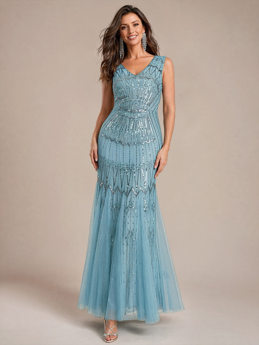 EE02852BL | Beaded Sequin Tulle Sleeveless Maxi Evening Dress