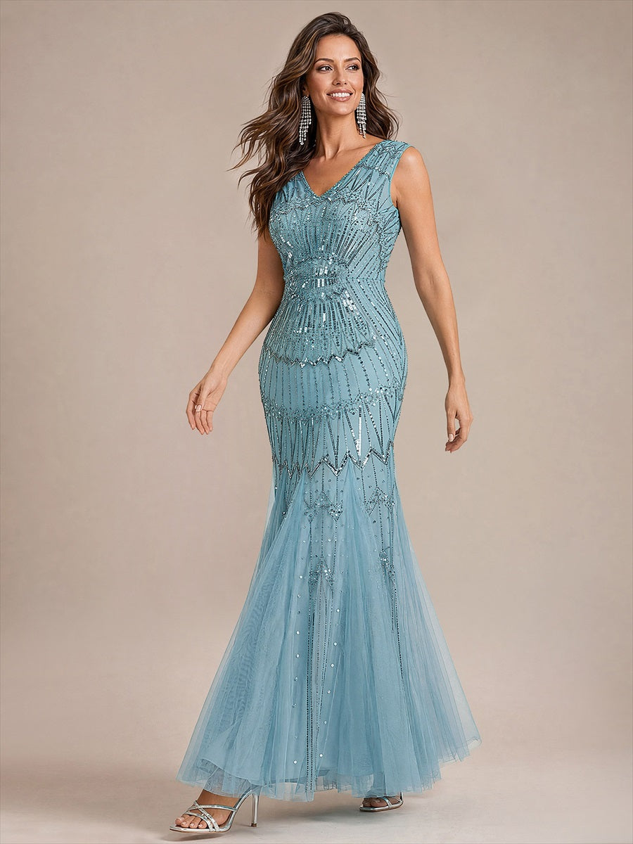 EE02852BL | Beaded Sequin Tulle Sleeveless Maxi Evening Dress