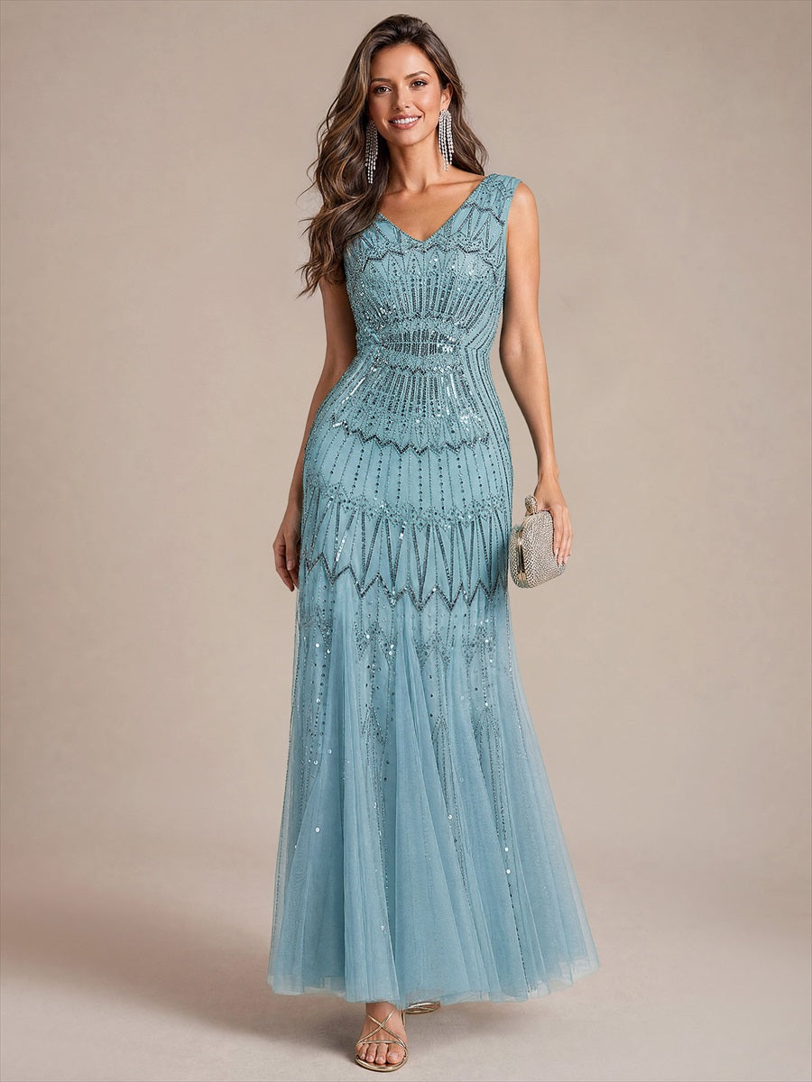 EE02852BL | Beaded Sequin Tulle Sleeveless Maxi Evening Dress