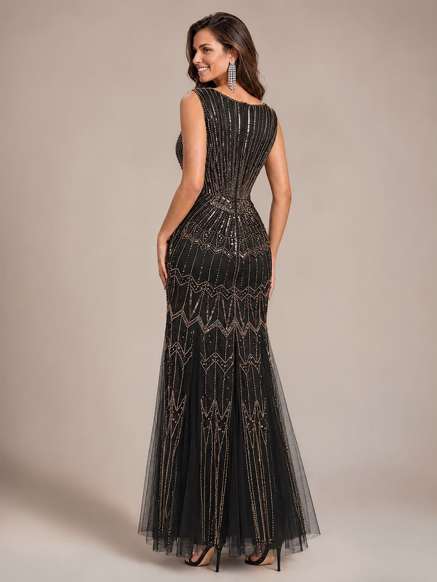 EE02852KG | Black Gold | Beaded Sequin Tulle Sleeveless Maxi Evening Dress