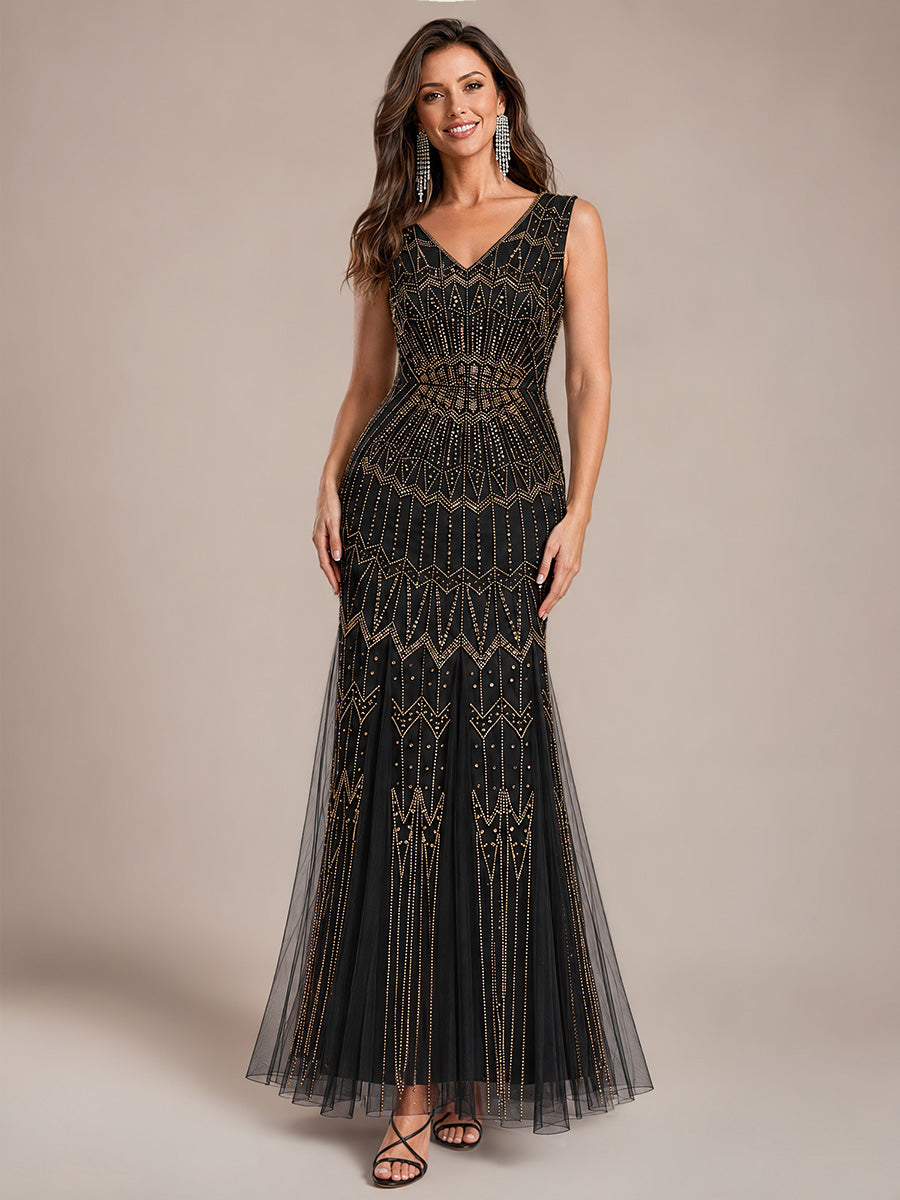 EE02852KG | Black Gold | Beaded Sequin Tulle Sleeveless Maxi Evening Dress