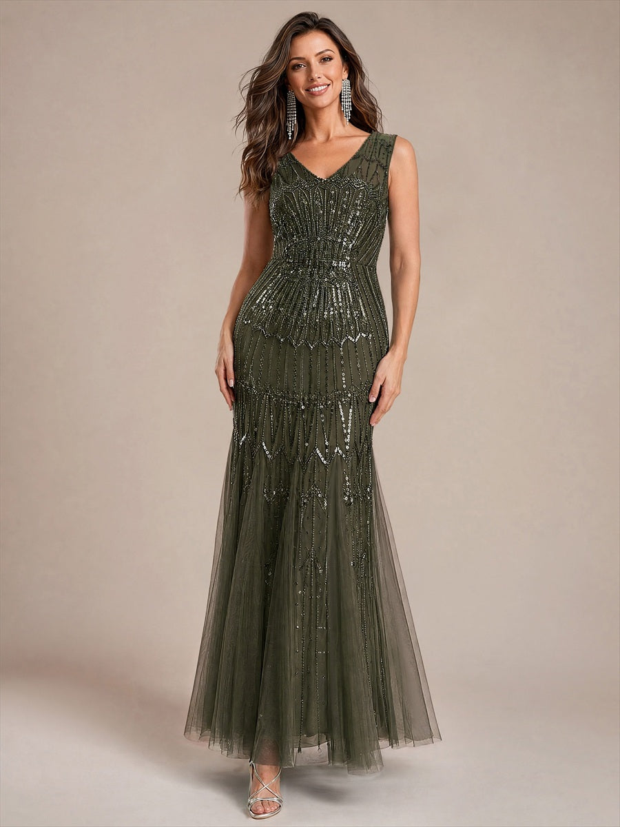 EE02852OG | Beaded Sequin Tulle Sleeveless Maxi Evening Dress