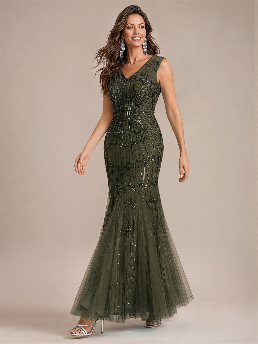EE02852OG | Beaded Sequin Tulle Sleeveless Maxi Evening Dress