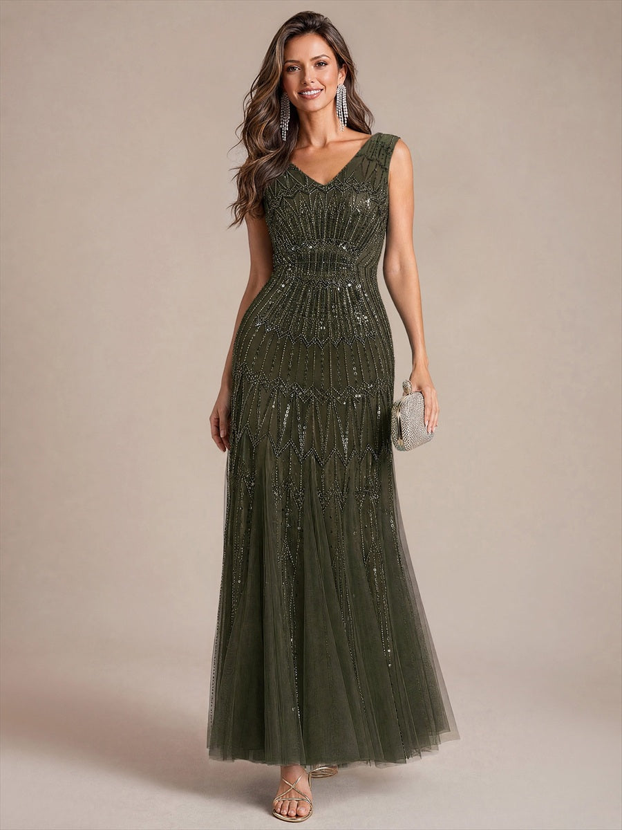 EE02852OG | Beaded Sequin Tulle Sleeveless Maxi Evening Dress