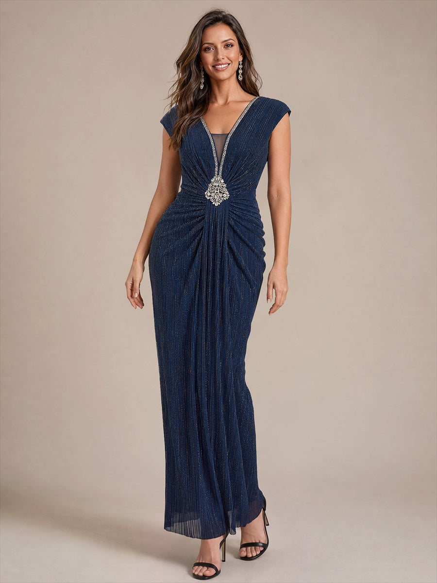 EE02870NB | Tulle Cap Sleeve Bodycon Evening Dress