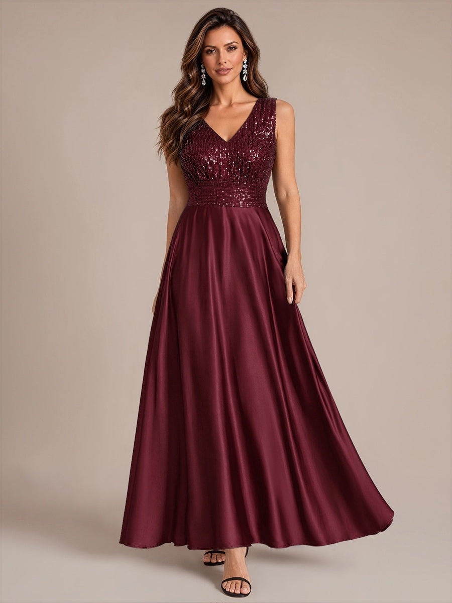 Color=Burgundy | Sleeveless Sequin Maxi Length Evening Dresses - Burgundy