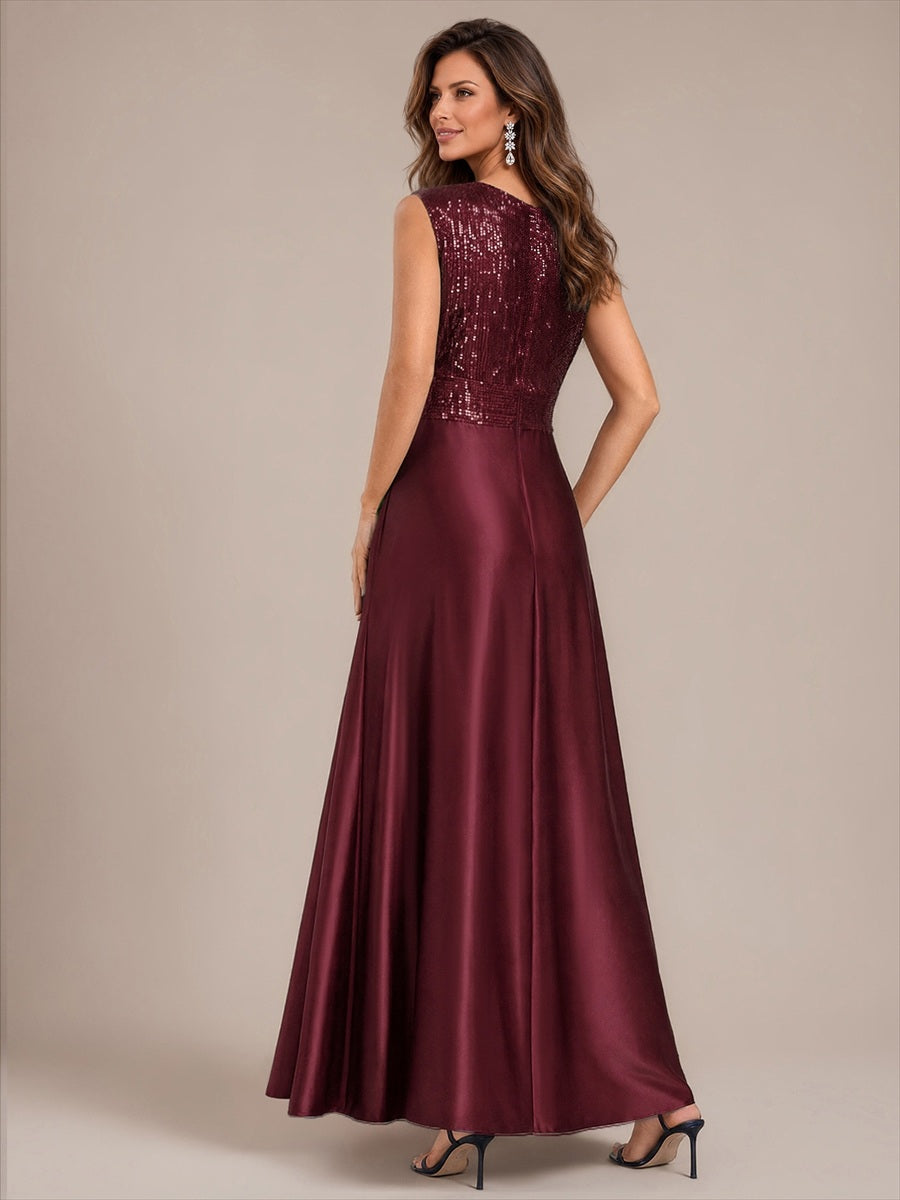 Color=Burgundy | Sleeveless Sequin Maxi Length Evening Dresses - Burgundy