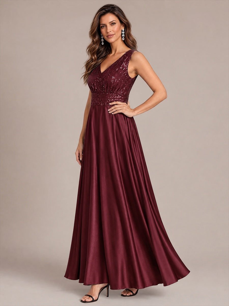Color=Burgundy | Sleeveless Sequin Maxi Length Evening Dresses - Burgundy
