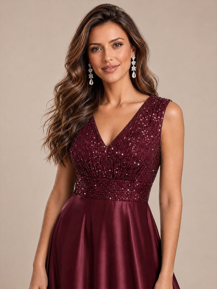 Color=Burgundy | Sleeveless Sequin Maxi Length Evening Dresses - Burgundy