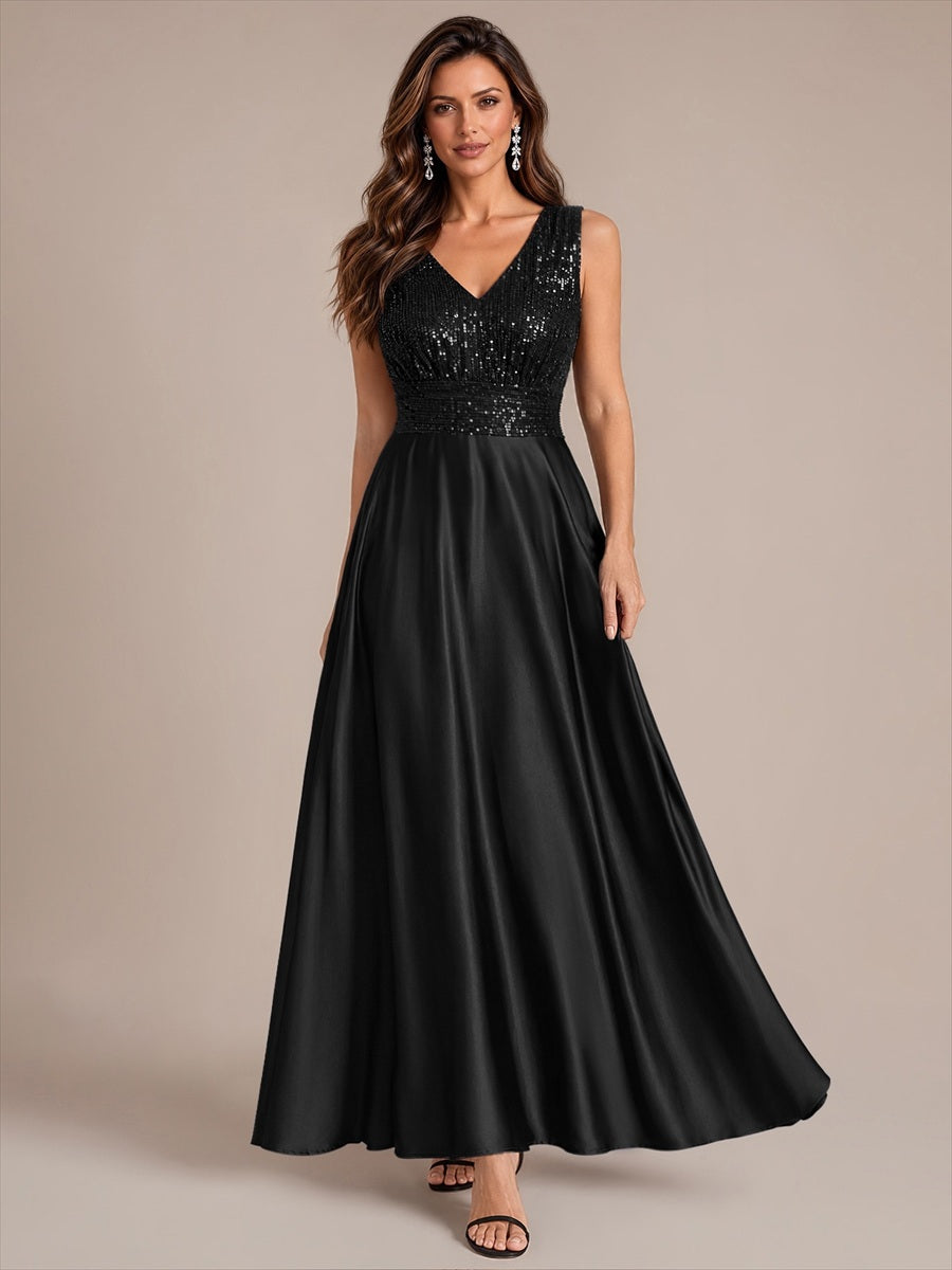 Color=Black | Sleeveless Sequin Maxi Length Evening Dresses - Black