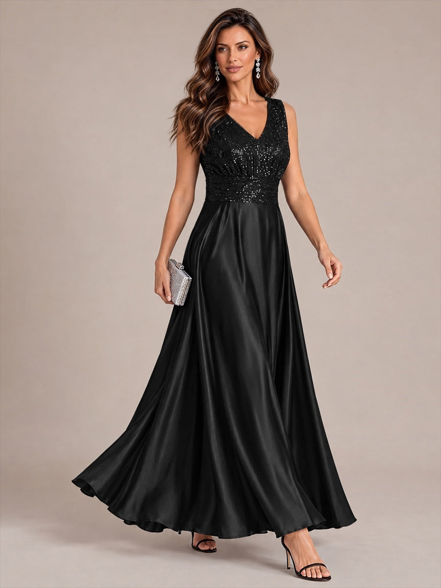 Color=Black | Sleeveless Sequin Maxi Length Evening Dresses - Black
