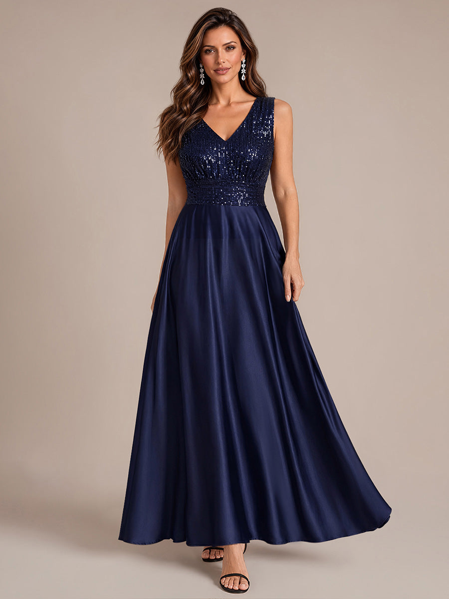 Color=Navy Blue | Sleeveless Sequin Maxi Length Evening Dresses - Navy Blue