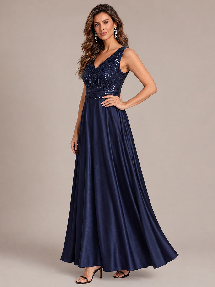 Color=Navy Blue | Sleeveless Sequin Maxi Length Evening Dresses - Navy Blue