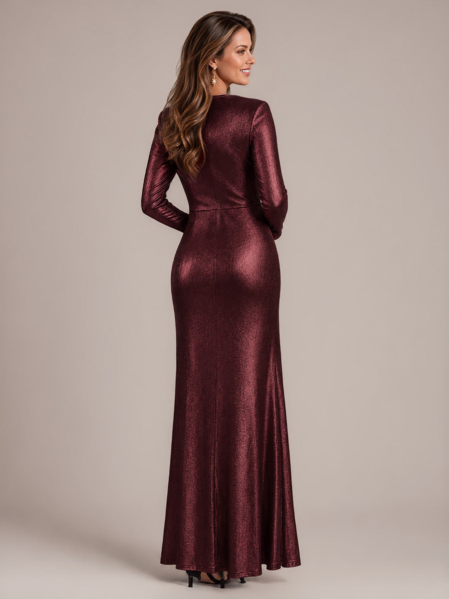 Color=Mahogany Brown | Fitted Sleeve Jersey Sheath Maxi Wholesale Evening Dress-Mahogany Brown 2