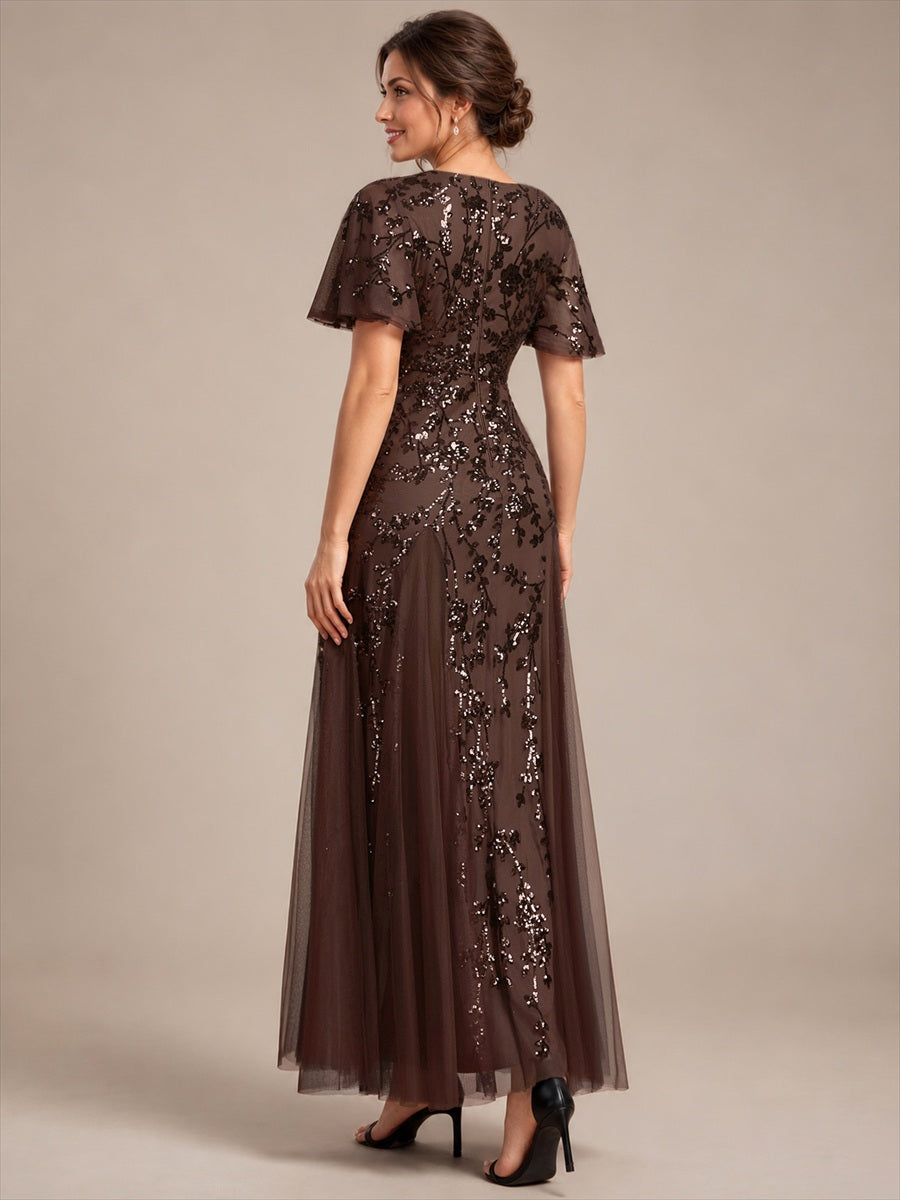 EE02889CD | Ruffle Sleeve Sequin Tulle A-line Evening Dress