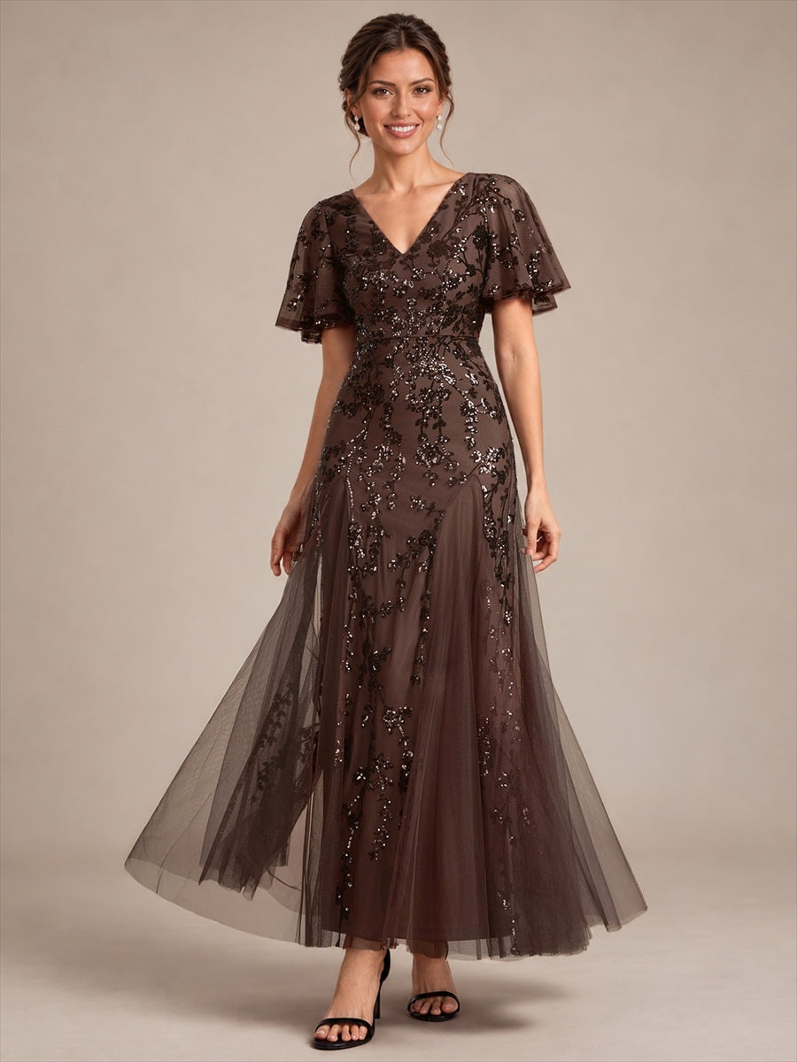 EE02889CD | Ruffle Sleeve Sequin Tulle A-line Evening Dress