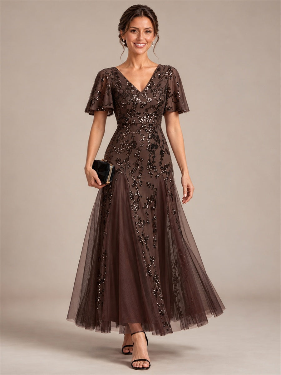 EE02889CD | Ruffle Sleeve Sequin Tulle A-line Evening Dress