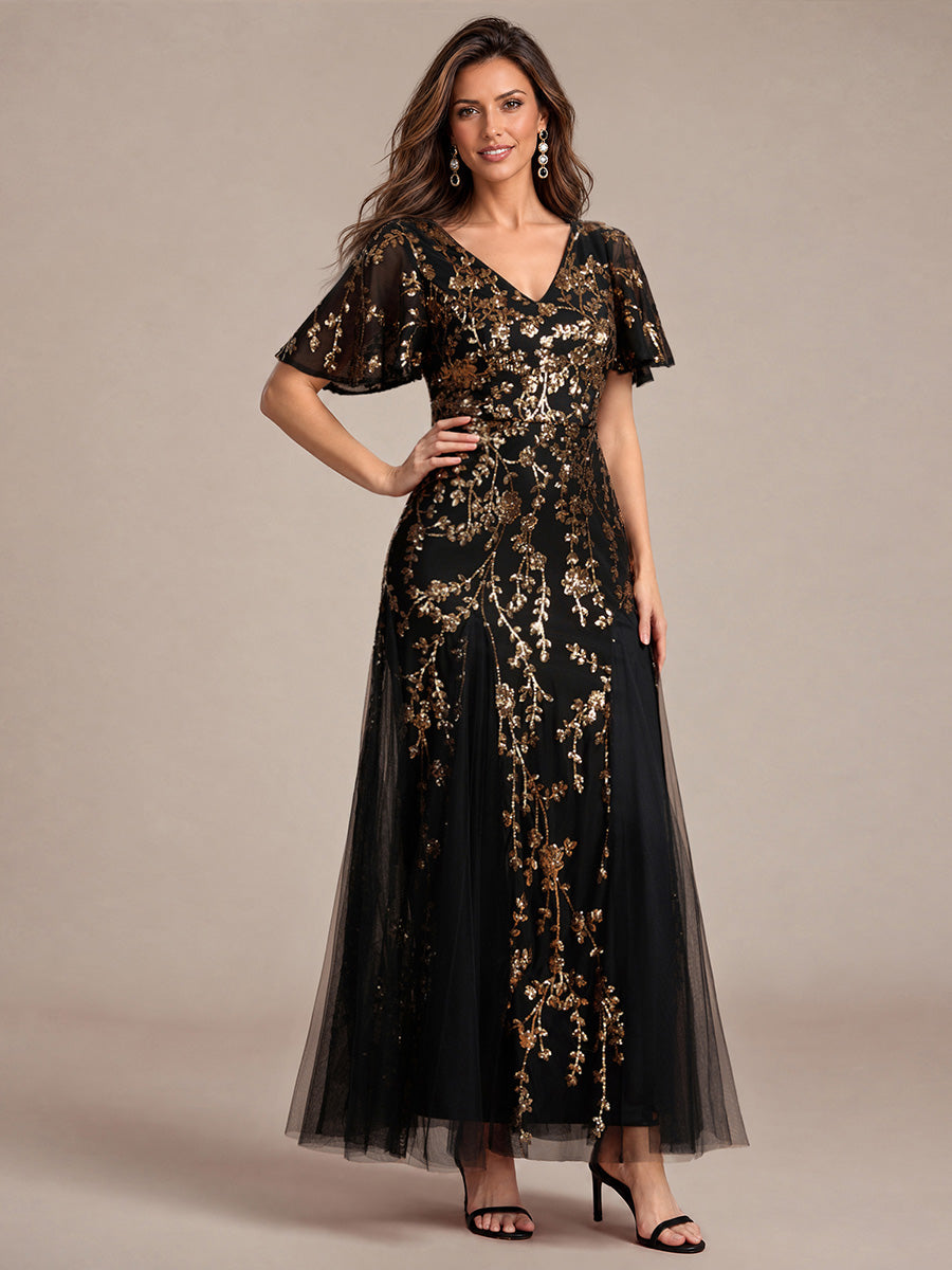 EE02889KG | Ruffle Sleeve Sequin Tulle A-line Evening Dress