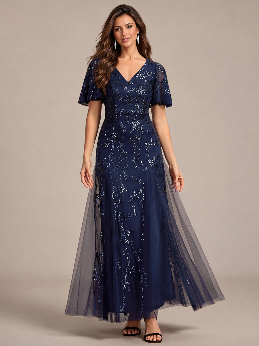 Color=Navy Blue | EE02889NB | Ruffle Sleeve Sequin Tulle A-line Evening Dress