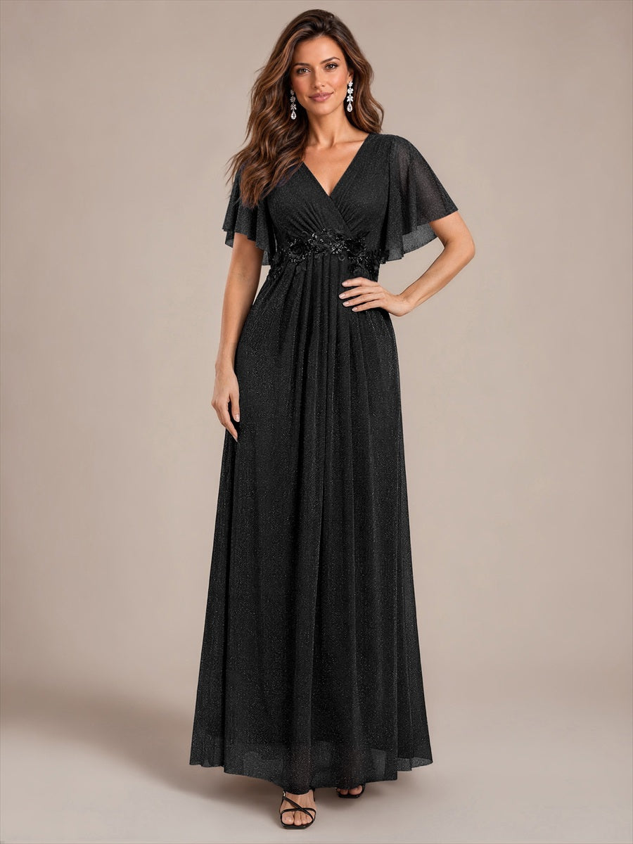 Color=Black | EE02899BK | Ruffle Sleeve Lurex Mesh Maxi Length Evening Dresses