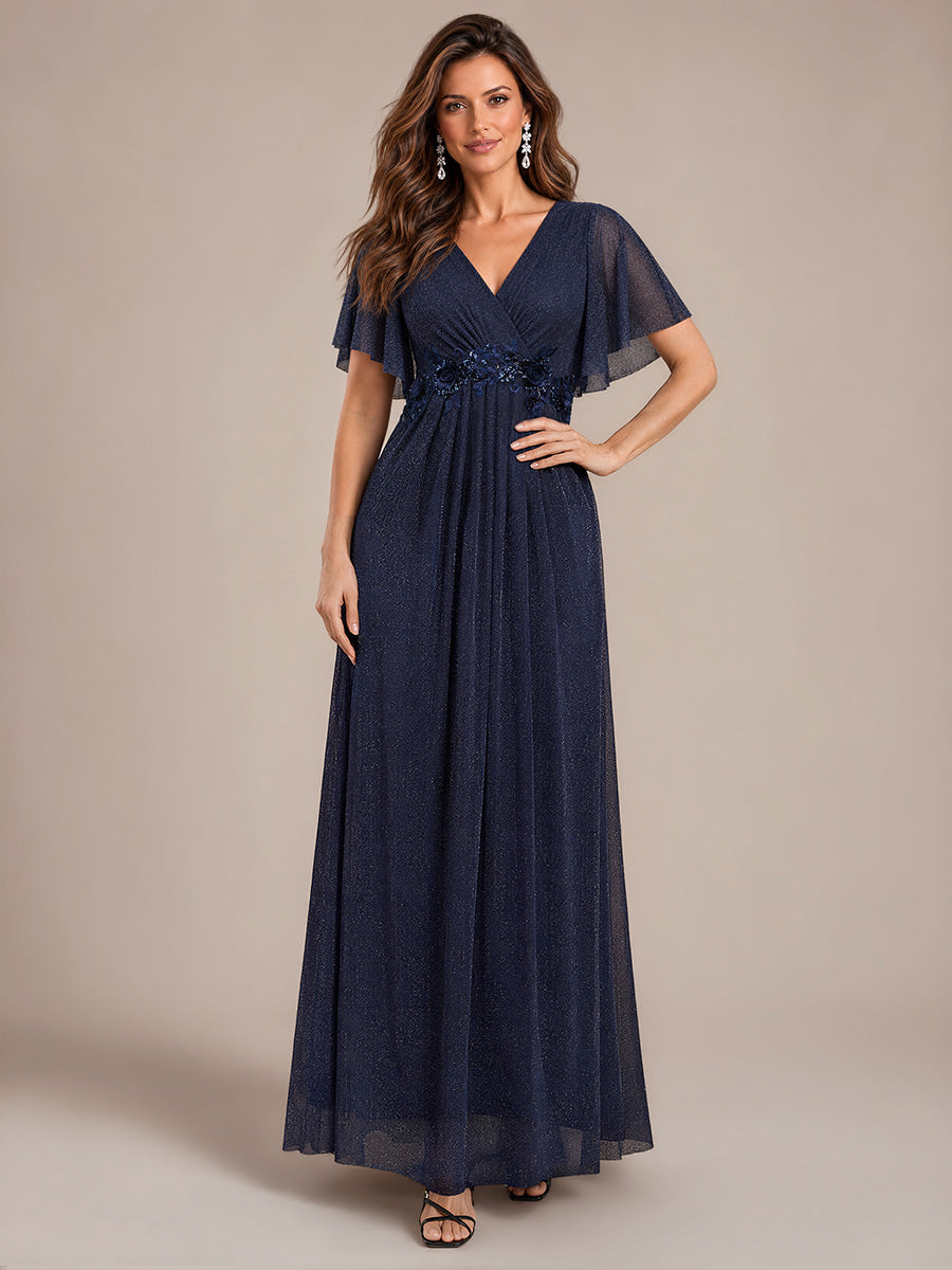 Color=Navy Blue | Ruffle Sleeve Lurex Mesh Maxi Length Evening Dresses - Navy Blue