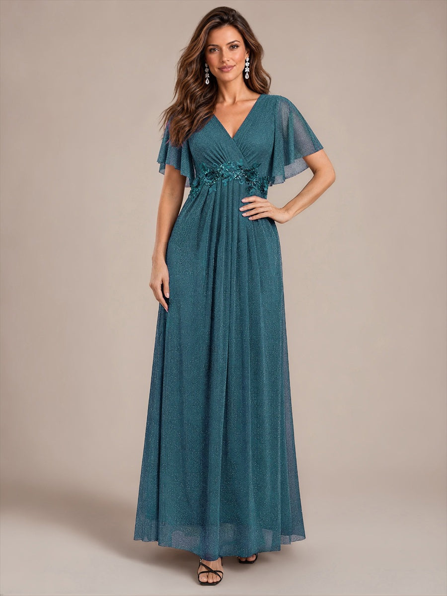 Color=Teal Blue | EE02899TB | Ruffle Sleeve Lurex Mesh Maxi Length Evening Dresses
