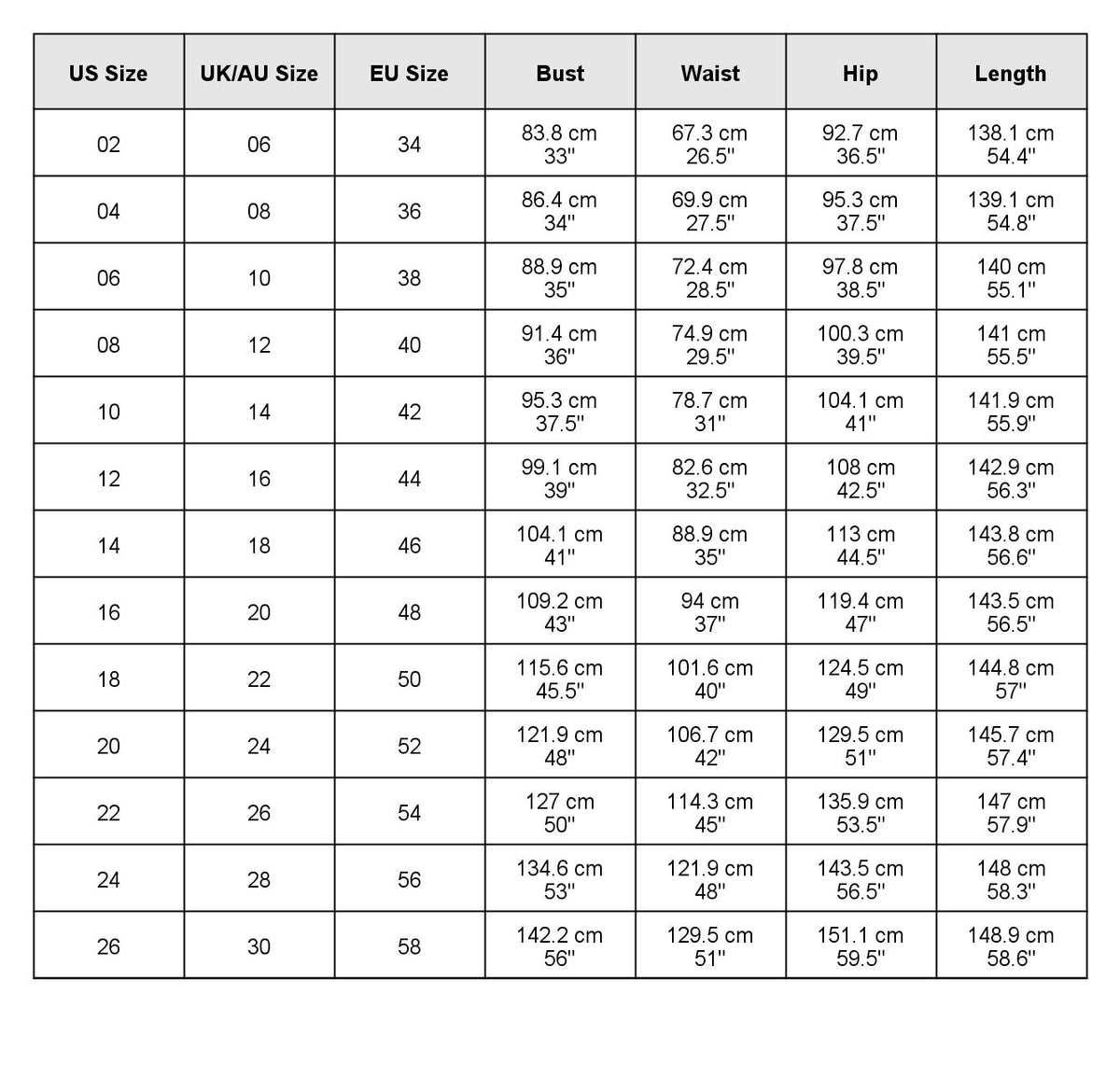 size chart