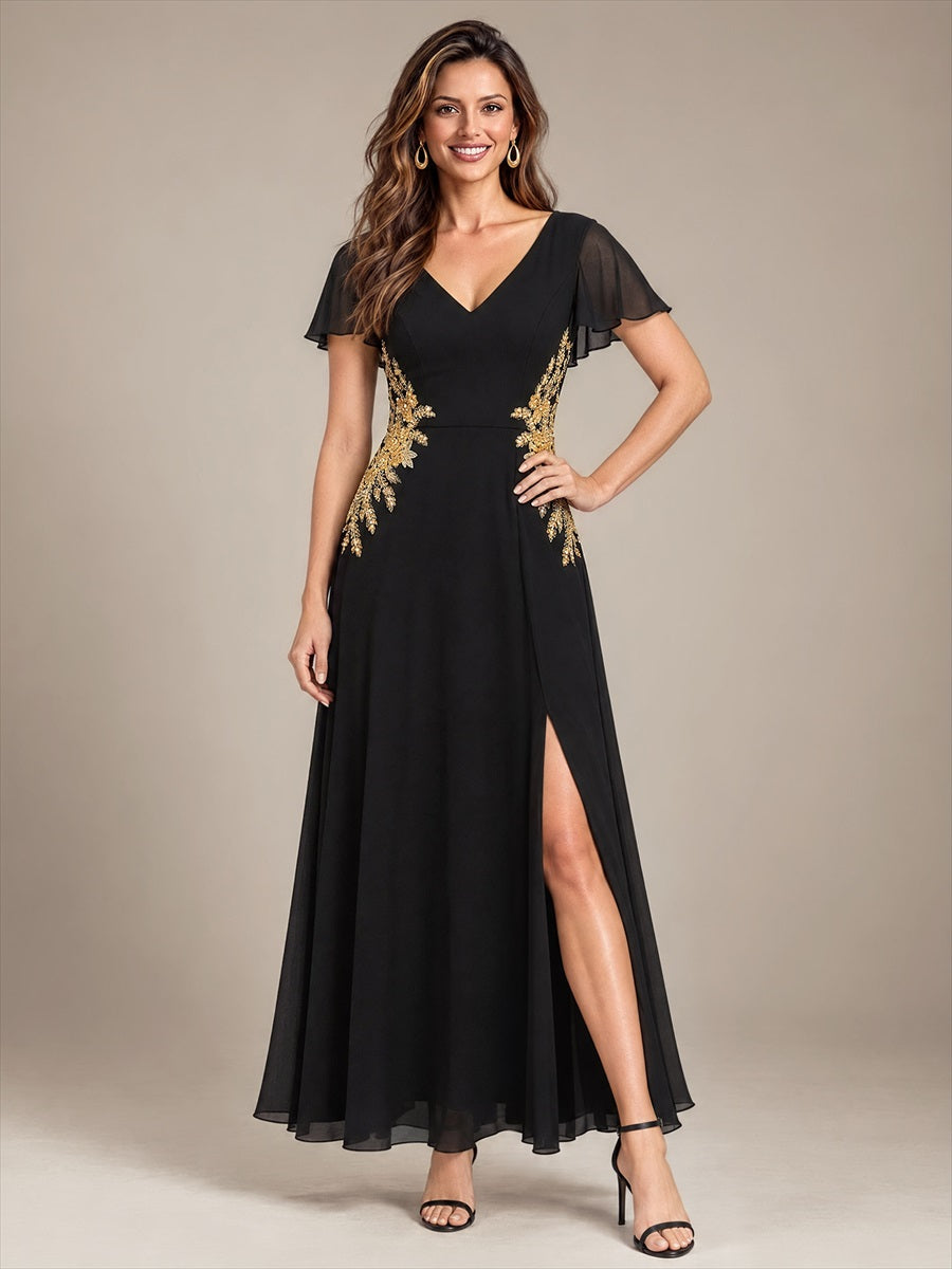 Color=Black|Wholesale Pricing Chiffon V-Neck Evening Dresses-Black