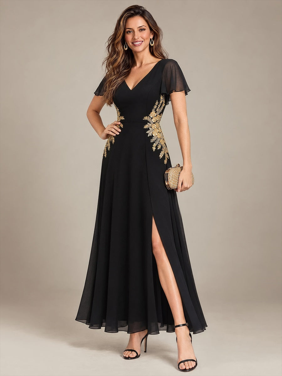 Color=Black|Wholesale Pricing Chiffon V-Neck Evening Dresses-Black 4